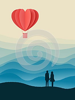 Happy valentines day double exposure vector illustration with paper cut red heart shape origami made hot air balloons flying in sk