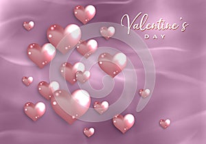 Happy Valentines day elegant card. 3D glossy pink glass hearts on old rose paper background. Fashion Holiday poster, jewels