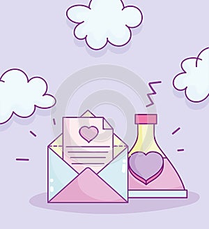 Happy valentines day, envelope letter love potion bottle