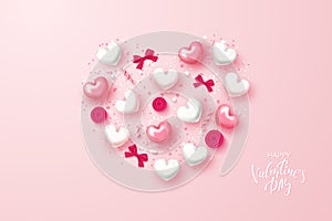 Happy Valentines Day Festive Card. Beautiful Background with hearts, bows, roses and serpentine. Vector Illustration.