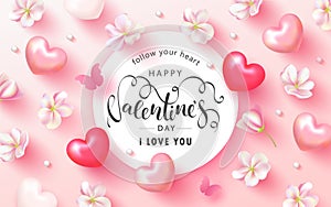 Happy Valentines Day Festive Card. Beautiful Background with spring flowers, hearts, beads and butterfly. Vector