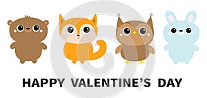 Happy Valentines Day. Forest animal toy icon line set. Bear hare rabbit fox owl. Cute kawaii cartoon funny baby character. Kids