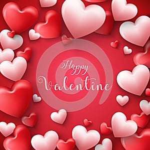 Happy valentines day frame background with hearts balloon in red background