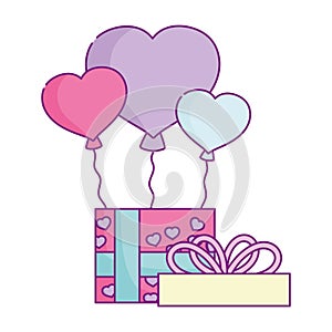 Happy valentines day, gift box with balloons and love