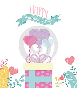 Happy valentines day, gift box with balloons shaped hearts foliage decoration