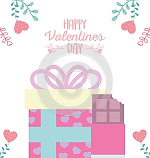 Happy valentines day, gift box and chocolate bar hearts love