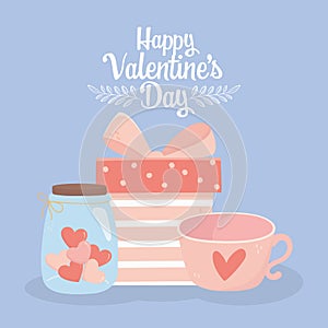 Happy valentines day gift box coffee cup and jar glass heart love card