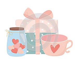 Happy valentines day gift box coffee cup and jar glass heart love card