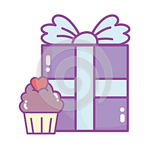 Happy valentines day, gift box and cupcake cartoon