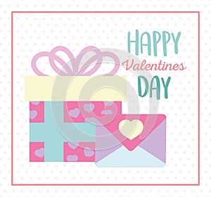 Happy valentines day, gift box and envelope message hearts love romantic dotted background