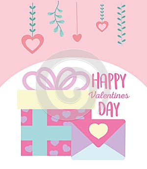 Happy valentines day, gift box with hearts and envelope letter