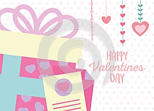 Happy valentines day, gift box with hearts paper message romantic