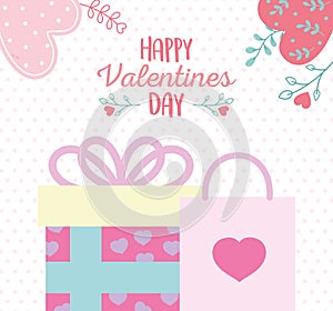 Happy valentines day, gift box with hearts shopping bag decoration