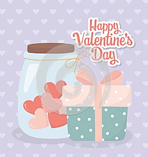 Happy valentines day gift box and jar glass heart love card