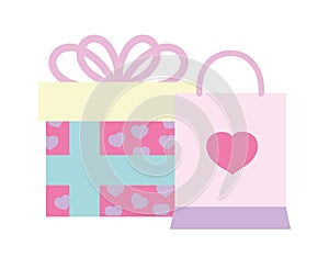 Happy valentines day, gift box and shopping bag hearts