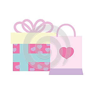 Happy valentines day, gift box and shopping bag hearts leaves