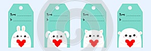 Happy Valentines Day gift tag set. Bear cat kitten rabbit hare dog puppy head face holding red origami paper heart. Cute cartoon