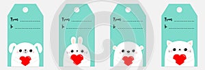 Happy Valentines Day gift tag set. Bear dog puppy cat kitten rabbit hare head face holding red paper heart. Cute cartoon kawaii