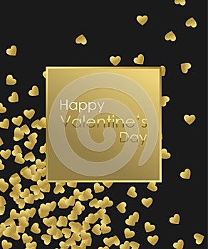 Happy Valentines Day Gold Background. Golden heart, golden frame and golden text. Template for creating Greeting card