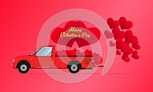 Happy valentines day gold. red pickup truck car carry floating heart. vector illustration eps10