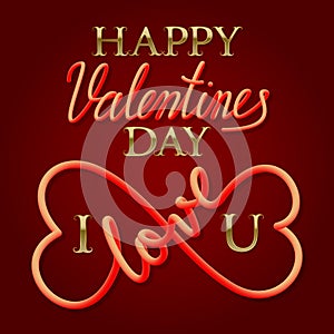 Happy Valentines Day golden and fluid lettering text with symbol of infinity love for greeting card design