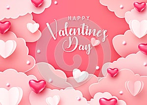 Happy valentines day greeting background in papercut realistic style. Paper clouds hearts and realistic pearls border