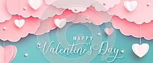 Happy valentines day greeting background in papercut realistic style. Paper hearts, clouds and pearls on string. Pink