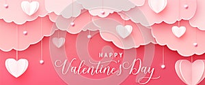 Happy valentines day greeting background in papercut realistic style. Paper hearts, clouds and pearls on string. Pink