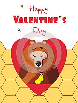 Happy valentines day greeting card of cute bear eating honey in red heart