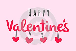 Happy Valentines Day greeting card design vector template for event hand dran lettering red hearts hanging on the