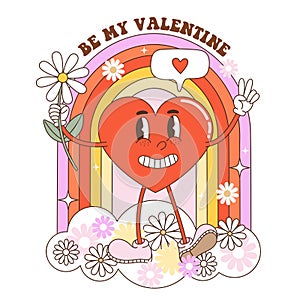 Happy Valentines Day greeting card. Groovy heart character with legs, arms and daisy flower.