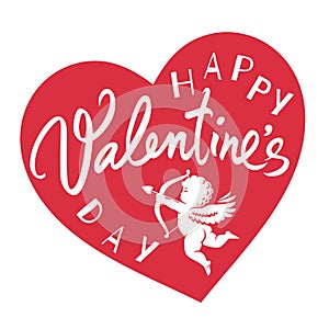 Happy Valentines Day greeting card with handwritten text on red heart background, silhouette of Cupid