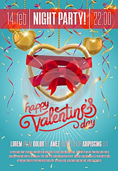 Happy Valentines day greeting card with heart frame and red bow. Handwritten callygraphy lettering. Vector illustration