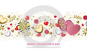 Happy Valentines day greeting card of heart gifts, golden glitter confetti and pink flowers pattern. Vector Valentine holiday glit