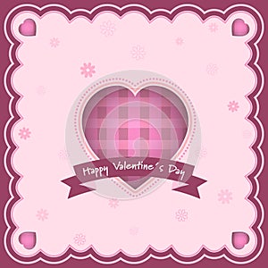 Happy Valentines Day greeting card with heart and inscription in the middle. Flowers in the background.