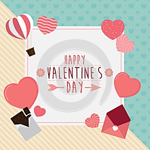 Happy valentines day greeting card with hearts and chocolate, ba