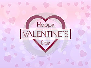 Happy valentines day greeting card on light pink bokeh background with hearts. Vector illustration.