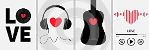 Happy Valentines Day greeting card, poster, banner set. LOVE. Black vinyl record disk. Heart sign symbol. Guitar, headphones,