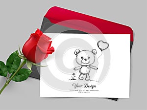 Happy Valentines Day. Greeting card with realistic of red rose, Typography design for print cards, banner, poster. Vector Eps.10