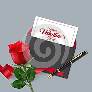 Happy Valentines Day. Greeting card with realistic of red rose, Typography design for print cards, banner, poster. Vector Eps.10