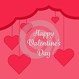 Happy Valentines Day greeting card, red ribbon with hearts on strings, square shape, vector illustration