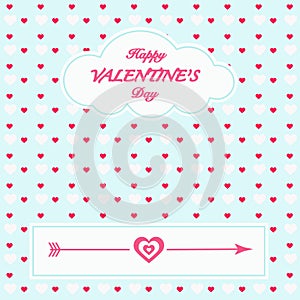 Happy Valentines Day Greeting Card. Red and white hearts on blue background.