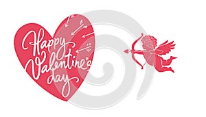 Happy Valentines Day greeting card with white handwritten text on red heart background and silhouette of Cupid