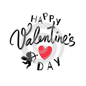 Happy Valentines Day handwritten lettering. Black calligraphic text with red heart and Cupid aiming a bow