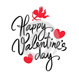 Happy Valentines Day handwritten lettering. Black calligraphic text with two red hearts and Cupid aiming a bow