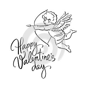 Happy Valentines Day handwritten text and sketch of Cupid aiming bow and arrow. Vector illustration