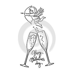 Happy Valentines Day handwritten text, sketch of cute Cupid aiming bow and arrow and two glasses of champagne