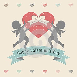 Happy Valentines Day Heart with Cupids