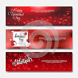 Happy Valentines Day Horizontal Banners With Handwritten Calligraphy Lettering On Red Bokeh Background Posters Set