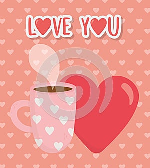 Happy valentines day, hot coffee cup and red heart love